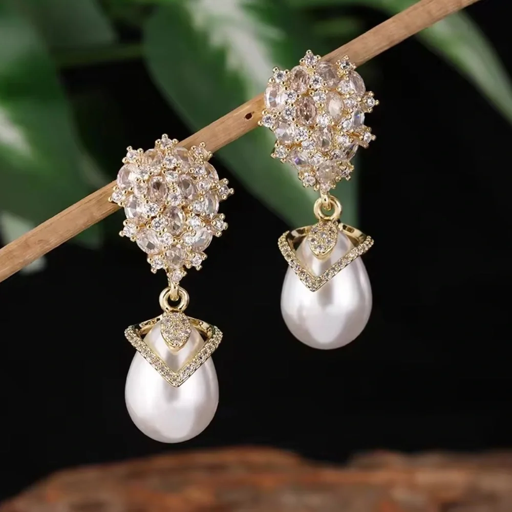 Golden Crystal Bouquet Pearl Earrings